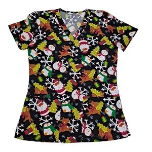 elite Med Performance Scrub Top Womens Microflex Christmas Santa Snowman